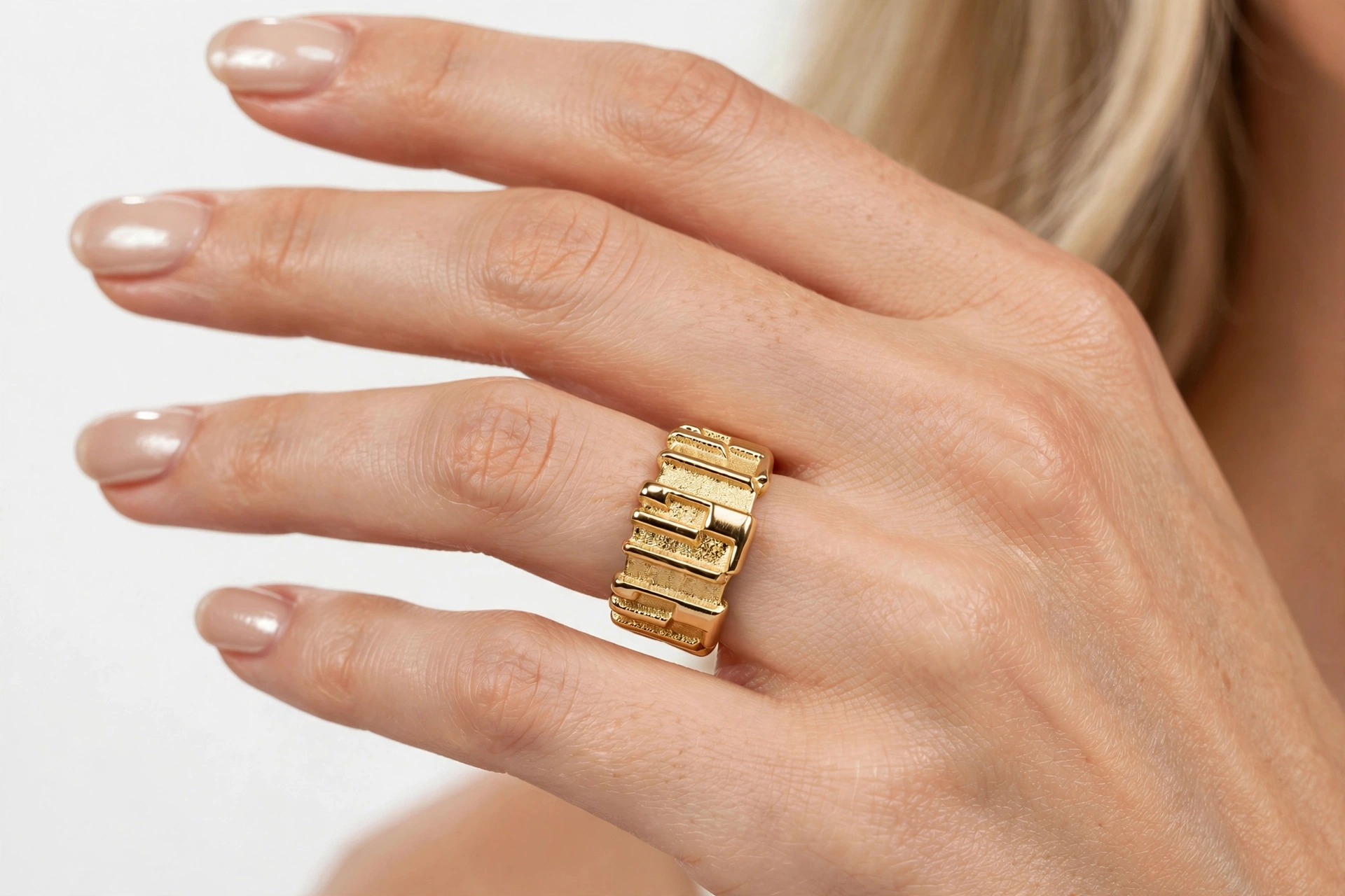 DA RE Jewelry - BRICKELL Ring - Architectural Brick Pattern - Gold Plated - 3D Statement - Image 15
